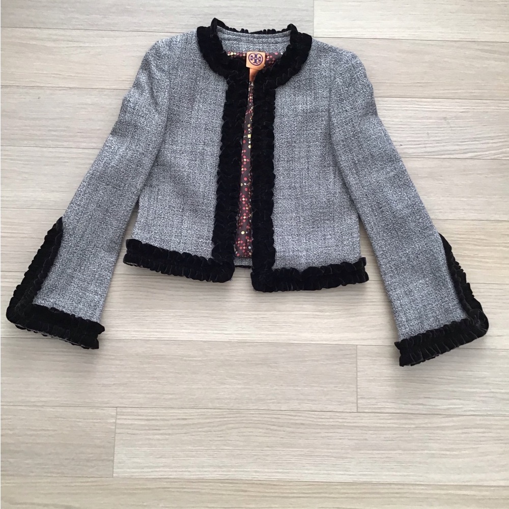 Tory Burch Tweed Jacket with brown velvet trim size 4